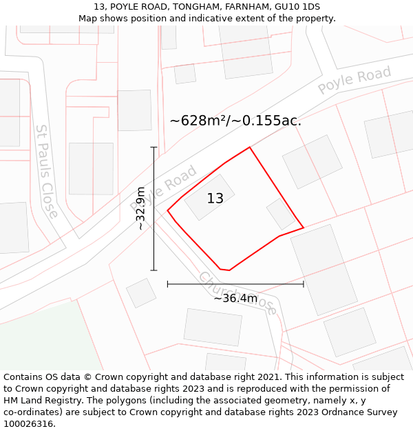 13, POYLE ROAD, TONGHAM, FARNHAM, GU10 1DS: Plot and title map