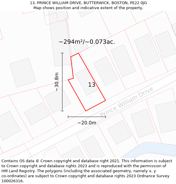 13, PRINCE WILLIAM DRIVE, BUTTERWICK, BOSTON, PE22 0JG: Plot and title map