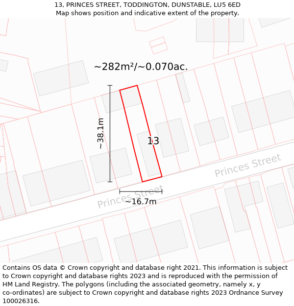 13, PRINCES STREET, TODDINGTON, DUNSTABLE, LU5 6ED: Plot and title map