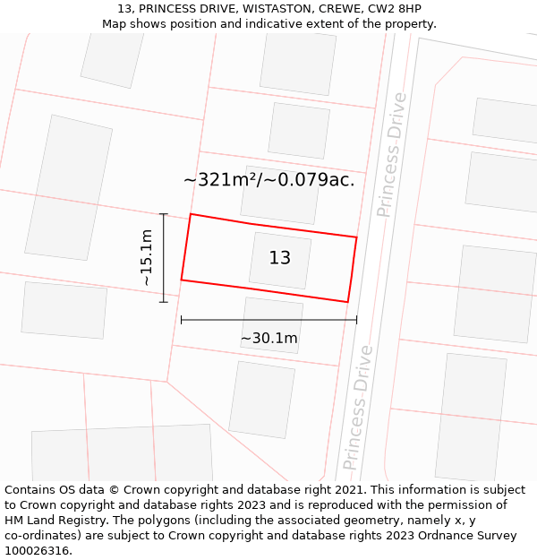 13, PRINCESS DRIVE, WISTASTON, CREWE, CW2 8HP: Plot and title map