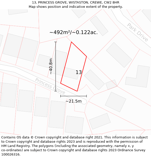 13, PRINCESS GROVE, WISTASTON, CREWE, CW2 8HR: Plot and title map