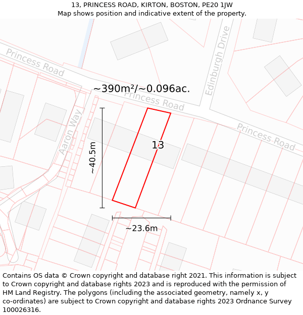 13, PRINCESS ROAD, KIRTON, BOSTON, PE20 1JW: Plot and title map