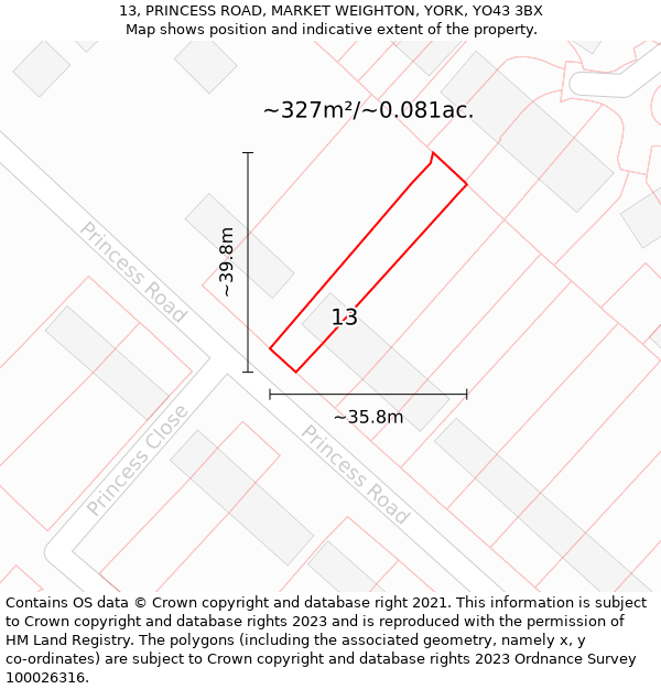 13, PRINCESS ROAD, MARKET WEIGHTON, YORK, YO43 3BX: Plot and title map