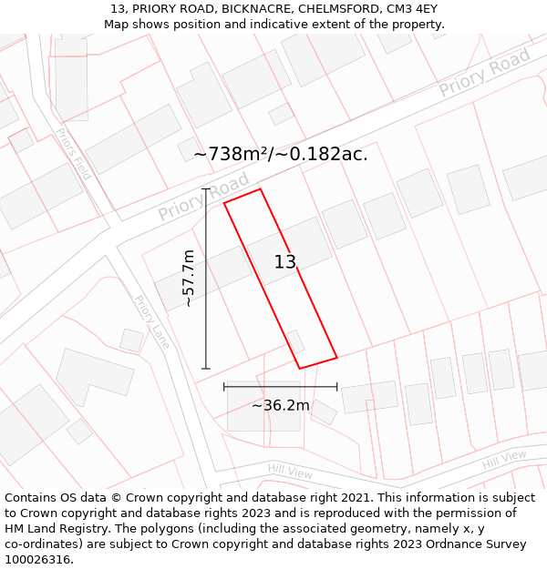 13, PRIORY ROAD, BICKNACRE, CHELMSFORD, CM3 4EY: Plot and title map