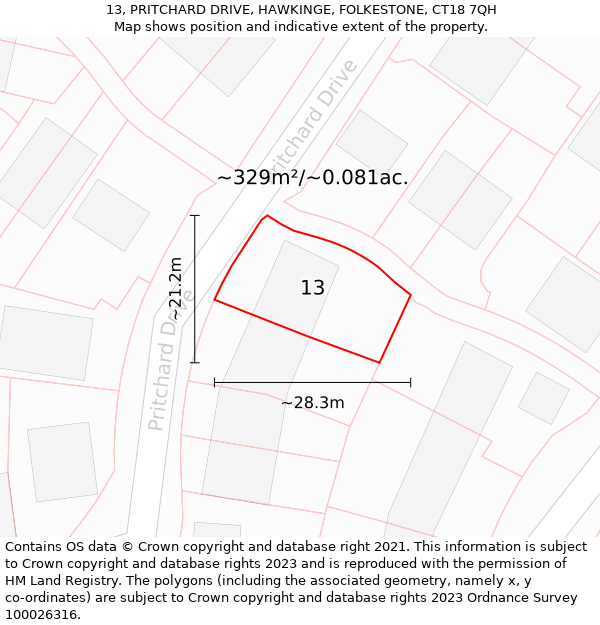 13, PRITCHARD DRIVE, HAWKINGE, FOLKESTONE, CT18 7QH: Plot and title map