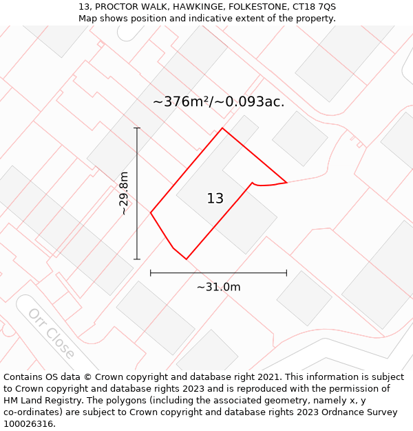 13, PROCTOR WALK, HAWKINGE, FOLKESTONE, CT18 7QS: Plot and title map