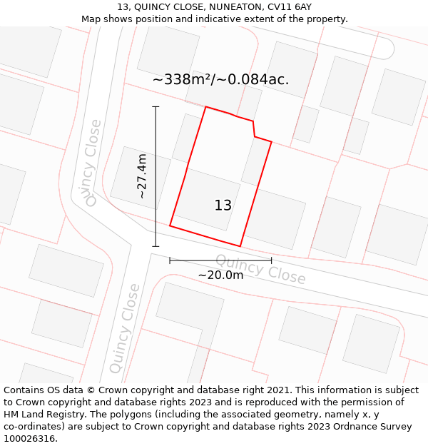 13, QUINCY CLOSE, NUNEATON, CV11 6AY: Plot and title map