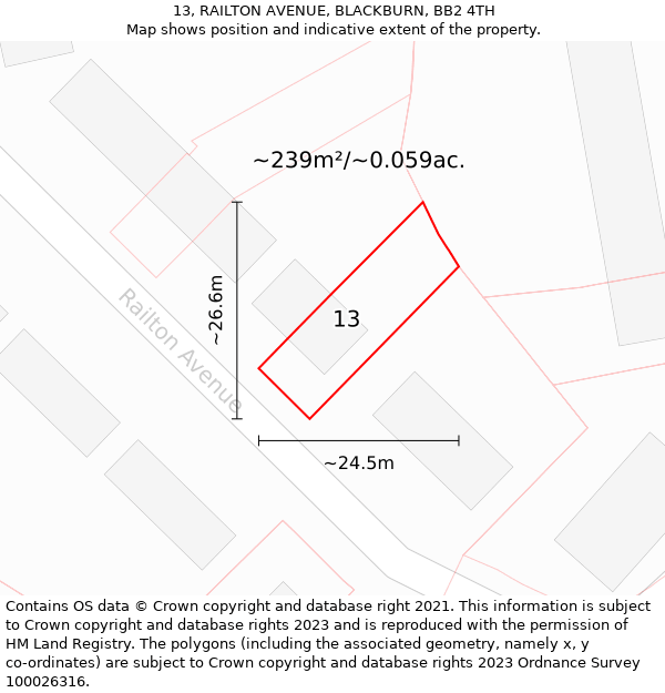 13, RAILTON AVENUE, BLACKBURN, BB2 4TH: Plot and title map