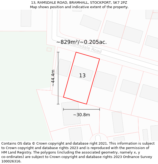 13, RAMSDALE ROAD, BRAMHALL, STOCKPORT, SK7 2PZ: Plot and title map