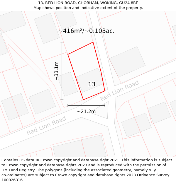 13, RED LION ROAD, CHOBHAM, WOKING, GU24 8RE: Plot and title map