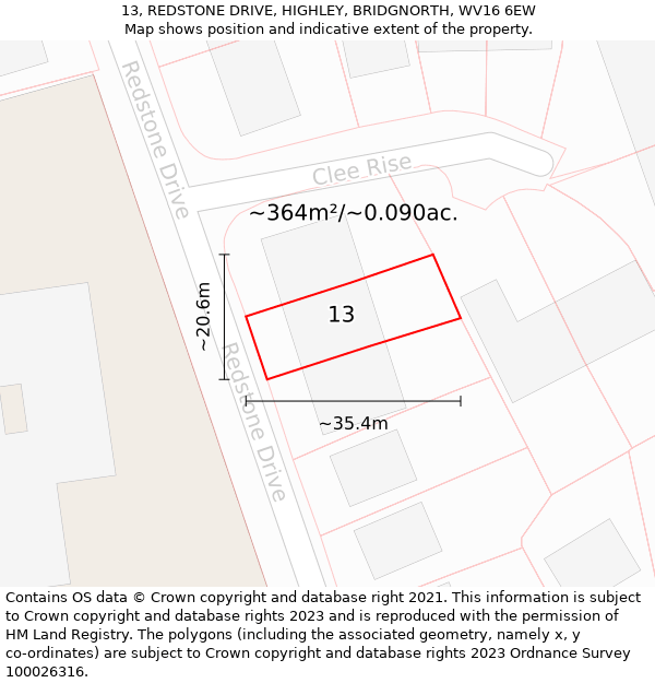 13, REDSTONE DRIVE, HIGHLEY, BRIDGNORTH, WV16 6EW: Plot and title map