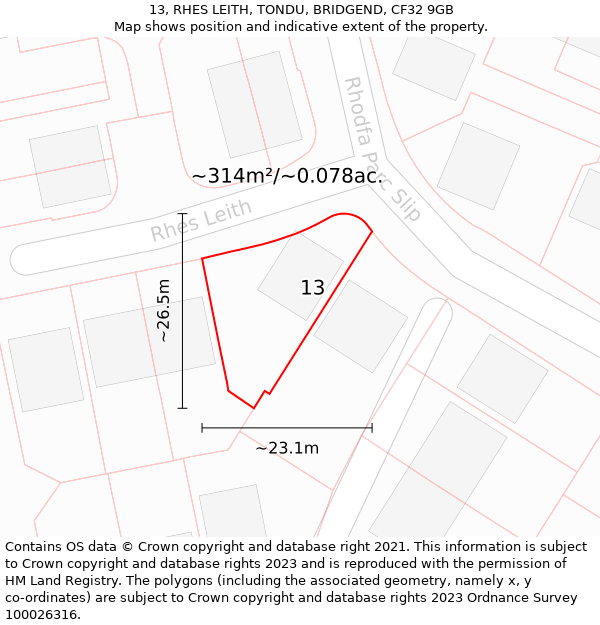 13, RHES LEITH, TONDU, BRIDGEND, CF32 9GB: Plot and title map