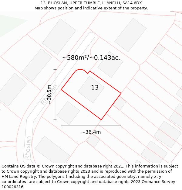 13, RHOSLAN, UPPER TUMBLE, LLANELLI, SA14 6DX: Plot and title map