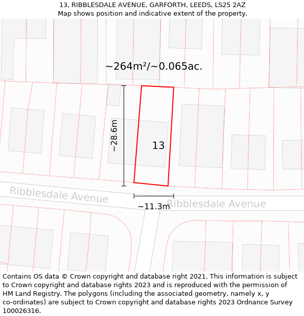 13, RIBBLESDALE AVENUE, GARFORTH, LEEDS, LS25 2AZ: Plot and title map