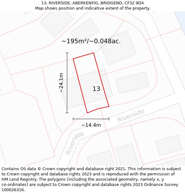 13, RIVERSIDE, ABERKENFIG, BRIDGEND, CF32 9DA: Plot and title map