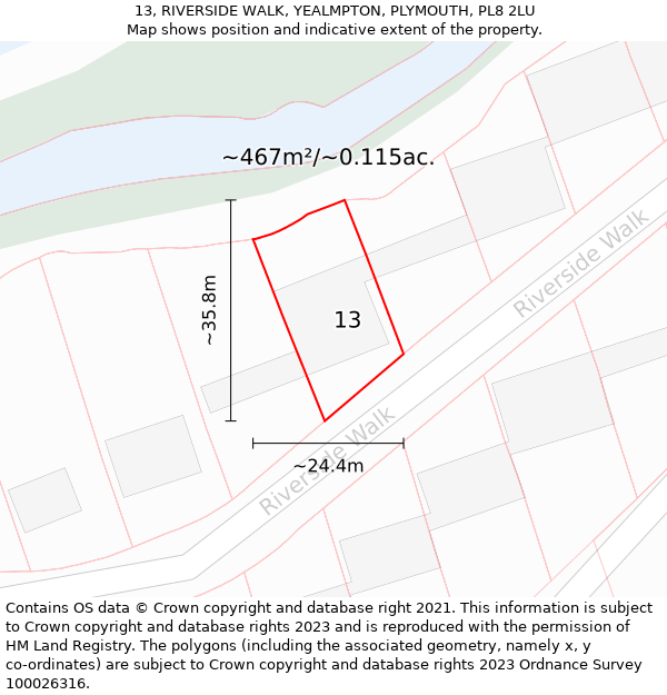 13, RIVERSIDE WALK, YEALMPTON, PLYMOUTH, PL8 2LU: Plot and title map