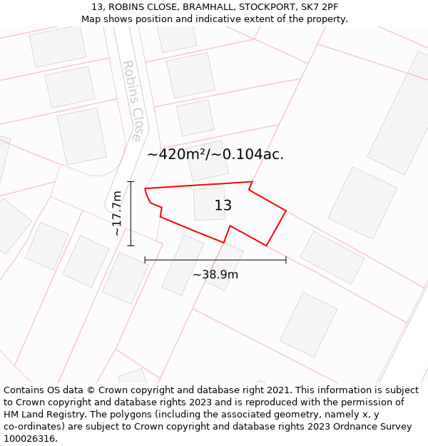 13, ROBINS CLOSE, BRAMHALL, STOCKPORT, SK7 2PF: Plot and title map