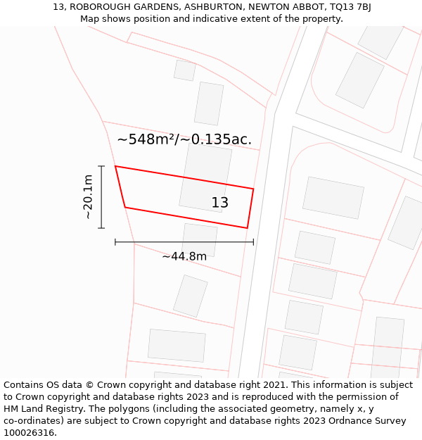 13, ROBOROUGH GARDENS, ASHBURTON, NEWTON ABBOT, TQ13 7BJ: Plot and title map