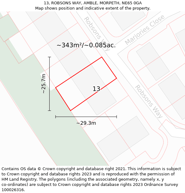 13, ROBSONS WAY, AMBLE, MORPETH, NE65 0GA: Plot and title map