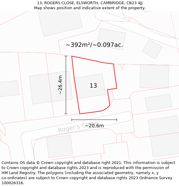 13, ROGERS CLOSE, ELSWORTH, CAMBRIDGE, CB23 4JJ: Plot and title map