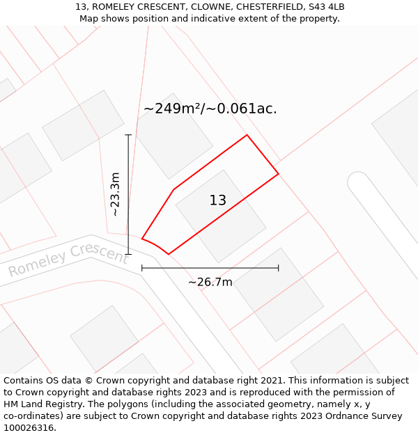 13, ROMELEY CRESCENT, CLOWNE, CHESTERFIELD, S43 4LB: Plot and title map