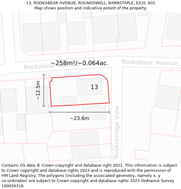 13, ROOKABEAR AVENUE, ROUNDSWELL, BARNSTAPLE, EX31 3GS: Plot and title map