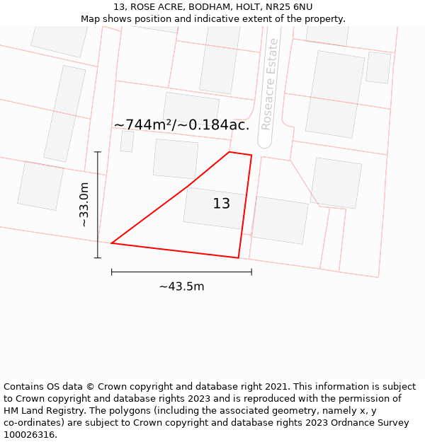 13, ROSE ACRE, BODHAM, HOLT, NR25 6NU: Plot and title map