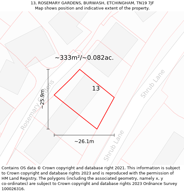 13, ROSEMARY GARDENS, BURWASH, ETCHINGHAM, TN19 7JF: Plot and title map