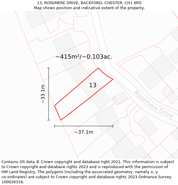 13, ROSEMERE DRIVE, BACKFORD, CHESTER, CH1 6PD: Plot and title map