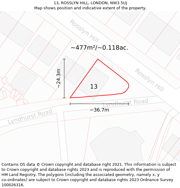 13, ROSSLYN HILL, LONDON, NW3 5UJ: Plot and title map
