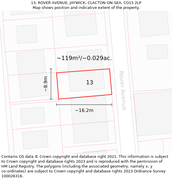 13, ROVER AVENUE, JAYWICK, CLACTON-ON-SEA, CO15 2LP: Plot and title map