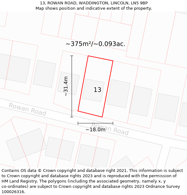 13, ROWAN ROAD, WADDINGTON, LINCOLN, LN5 9BP: Plot and title map