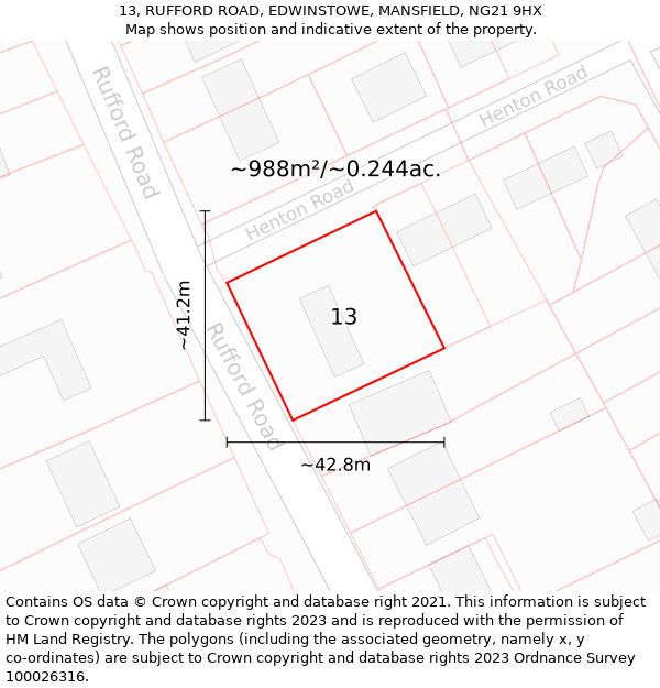 13, RUFFORD ROAD, EDWINSTOWE, MANSFIELD, NG21 9HX: Plot and title map