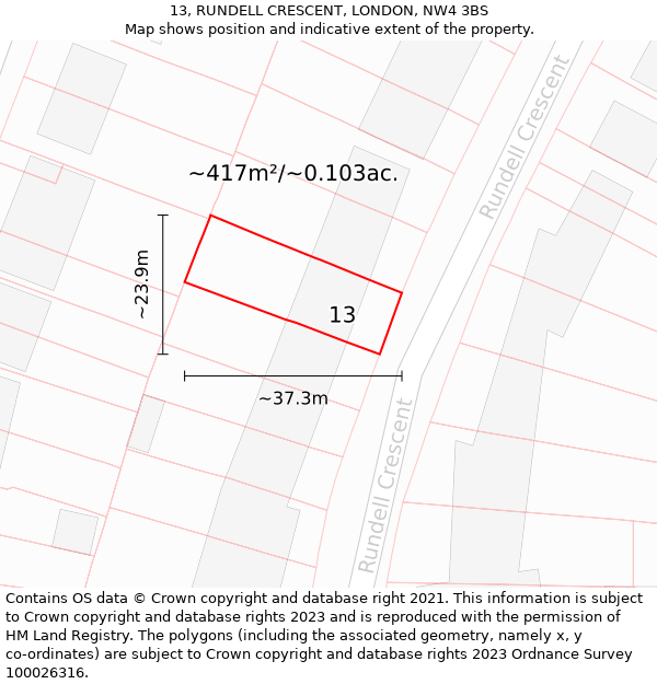 13, RUNDELL CRESCENT, LONDON, NW4 3BS: Plot and title map