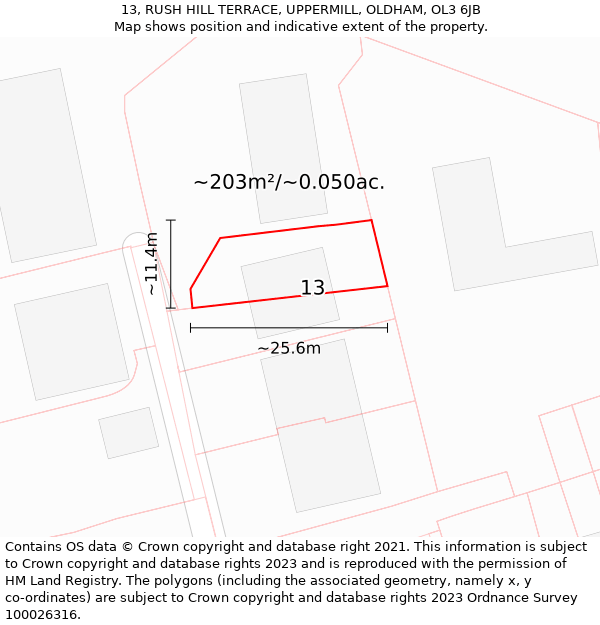 13, RUSH HILL TERRACE, UPPERMILL, OLDHAM, OL3 6JB: Plot and title map