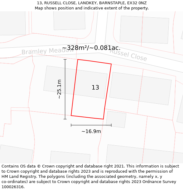 13, RUSSELL CLOSE, LANDKEY, BARNSTAPLE, EX32 0NZ: Plot and title map