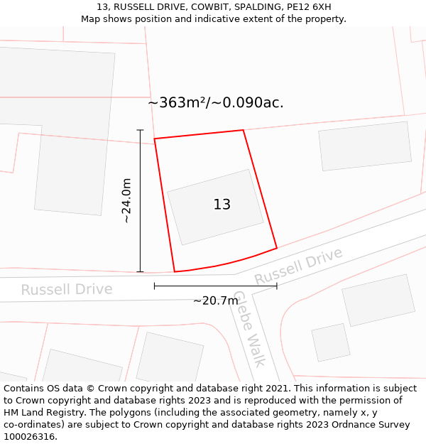 13, RUSSELL DRIVE, COWBIT, SPALDING, PE12 6XH: Plot and title map