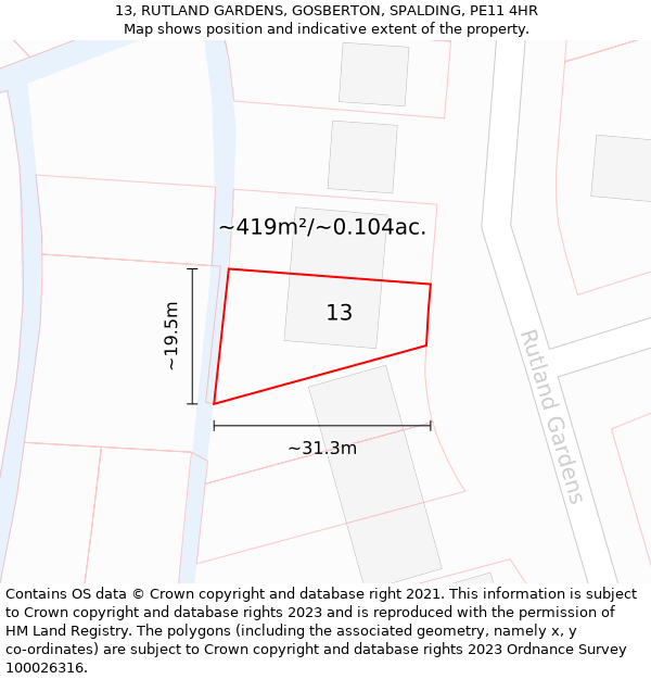 13, RUTLAND GARDENS, GOSBERTON, SPALDING, PE11 4HR: Plot and title map