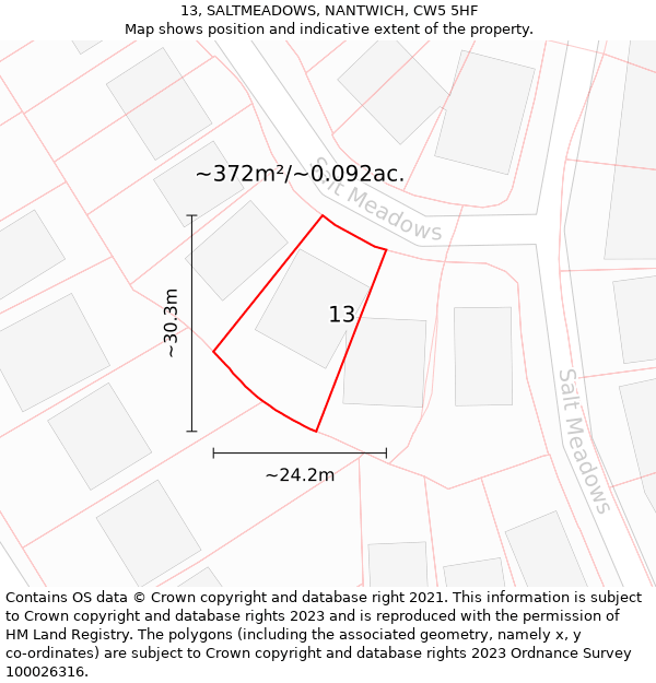 13, SALTMEADOWS, NANTWICH, CW5 5HF: Plot and title map