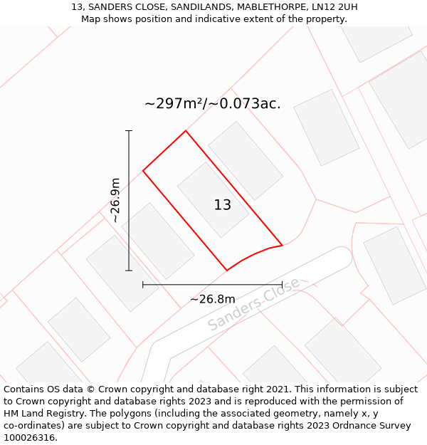 13, SANDERS CLOSE, SANDILANDS, MABLETHORPE, LN12 2UH: Plot and title map