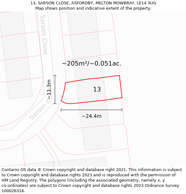 13, SARSON CLOSE, ASFORDBY, MELTON MOWBRAY, LE14 3UG: Plot and title map