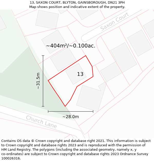 13, SAXON COURT, BLYTON, GAINSBOROUGH, DN21 3PH: Plot and title map