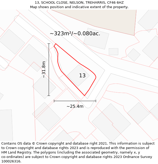 13, SCHOOL CLOSE, NELSON, TREHARRIS, CF46 6HZ: Plot and title map