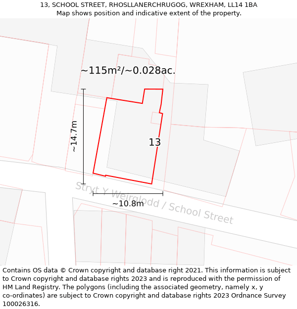 13, SCHOOL STREET, RHOSLLANERCHRUGOG, WREXHAM, LL14 1BA: Plot and title map