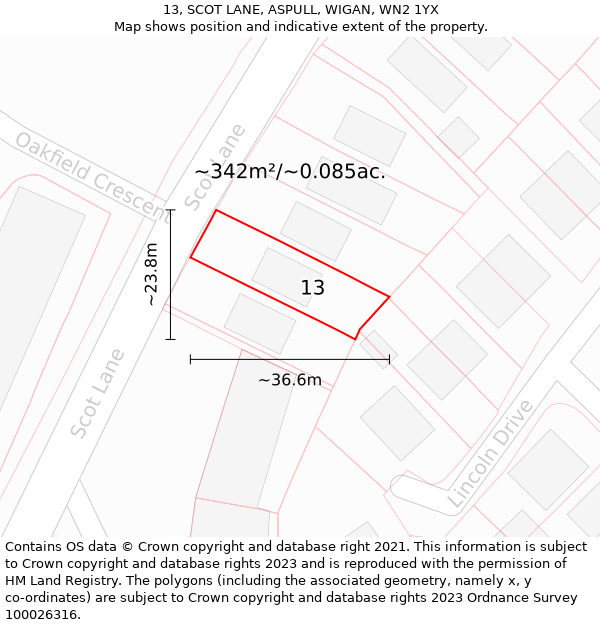 13, SCOT LANE, ASPULL, WIGAN, WN2 1YX: Plot and title map