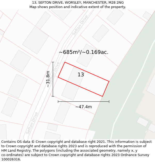 13, SEFTON DRIVE, WORSLEY, MANCHESTER, M28 2NG: Plot and title map