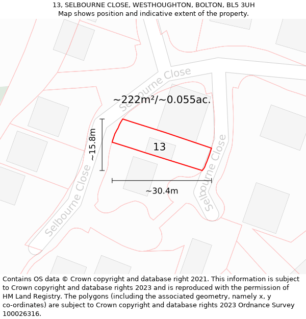 13, SELBOURNE CLOSE, WESTHOUGHTON, BOLTON, BL5 3UH: Plot and title map