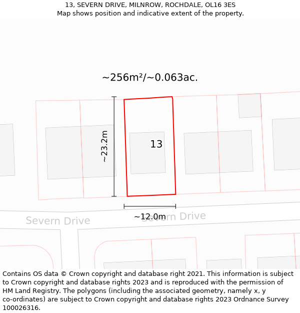 13, SEVERN DRIVE, MILNROW, ROCHDALE, OL16 3ES: Plot and title map