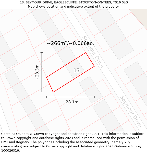 13, SEYMOUR DRIVE, EAGLESCLIFFE, STOCKTON-ON-TEES, TS16 0LG: Plot and title map