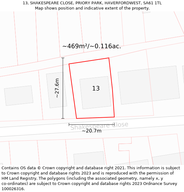 13, SHAKESPEARE CLOSE, PRIORY PARK, HAVERFORDWEST, SA61 1TL: Plot and title map